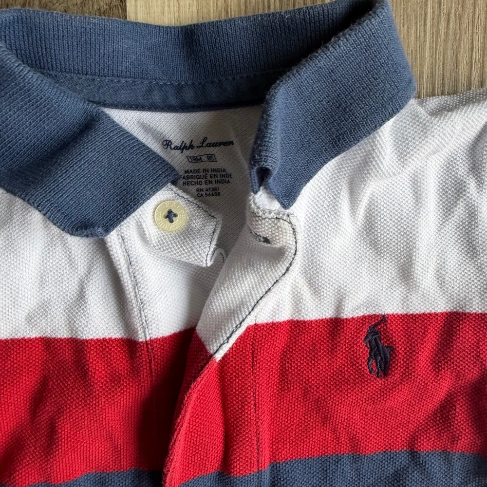 Ralph Lauren Baby Boys Striped Polo Romper Coverall Red White Blue 18M - Picture 2 of 5
